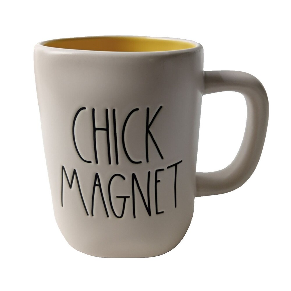 Rae Dunn CHICK MAGNET Mug Yellow Interior Ceramic Coffee Cup Artisan Magenta